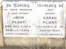 John PLANT, husband father, died 5 July 1956 aged 82 years; Sarah PLANT, mother, died 21 March 1971 aged 99 years; Bell cemetery, Wambo Shire 