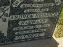 
Andrew Heinrich NAUMANN,
husband father,
died 31 Oct 1949 aged 48 years;
Bell cemetery, Wambo Shire
