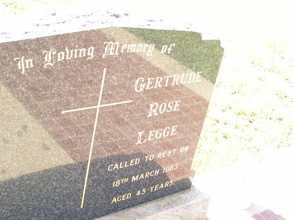 Gertrude Rose LEGGE,  | died 18 March 1983 aged 45 years;  | Bell cemetery, Wambo Shire  | 