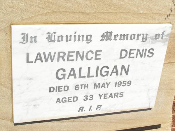 Lawrence Denis GALLIGAN,  | died 6 May 1959 aged 33 years;  | Bell cemetery, Wambo Shire  | 