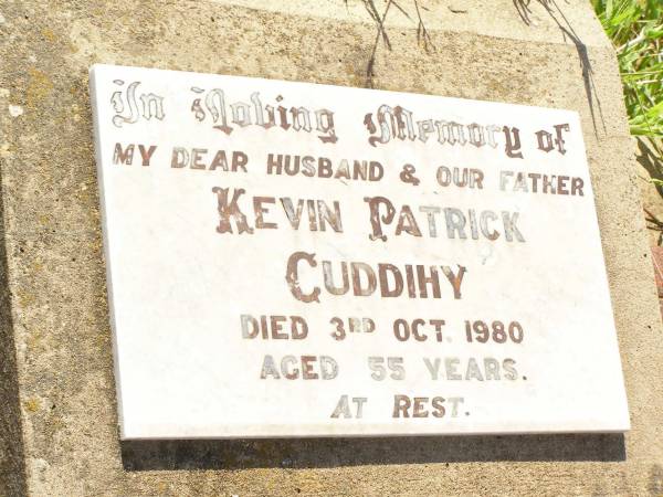 Kevin Patrick CUDDIHY,  | husband father,  | died 3 Oct 1980 agd 55 years;  | Bell cemetery, Wambo Shire  | 