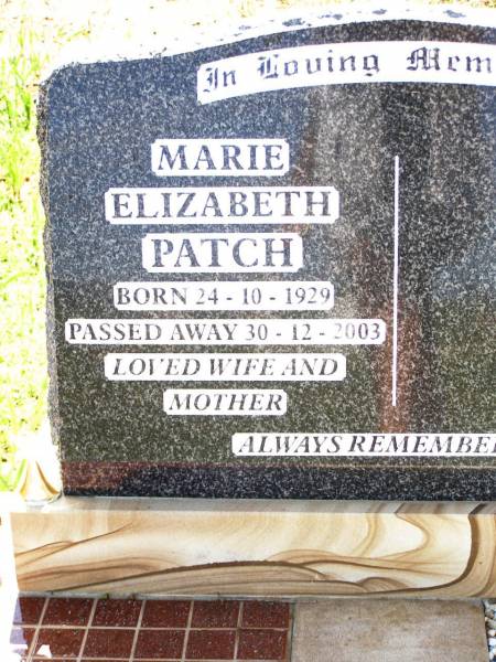 Marie Elizabeth PATCH,  | born 24-10-1929,  | died 30-12-2003,  | wife mother;  | Bell cemetery, Wambo Shire  | 