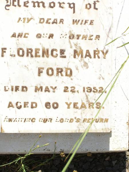 Florence Mary FORD,  | wife mother,  | died 22 May 1952 aged 60 years;  | William FORD,  | died 22 Nov 1975;  | Joyce Mary LILLINGSTONE (nee FORD),  | buried Biloela cemetery 11-8-2006;  | Bell cemetery, Wambo Shire  | 