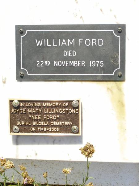 Florence Mary FORD,  | wife mother,  | died 22 May 1952 aged 60 years;  | William FORD,  | died 22 Nov 1975;  | Joyce Mary LILLINGSTONE (nee FORD),  | buried Biloela cemetery 11-8-2006;  | Bell cemetery, Wambo Shire  | 