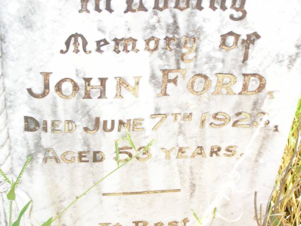 John FORD,  | died 7 June 1923 aged 53 years;  | Bell cemetery, Wambo Shire  | 