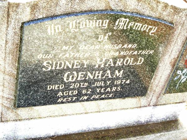 Sidney Harold WENHAM,  | husband father grandfather,  | died 20 July 1974 aged 62 years;  | Bell cemetery, Wambo Shire  | 