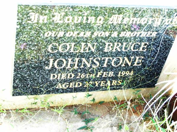 Colin Bruce JOHNSTONE,  | son brother,  | died 26 Feb 1994 aged 27 years;  | Bell cemetery, Wambo Shire  | 
