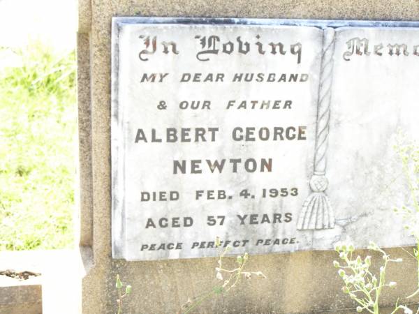 Albert George NEWTON,  | husband father,  | died 4 Feb 1953 aged 57 years;  | Bell cemetery, Wambo Shire  | 