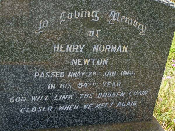 Henry Norman NEWTON,  | died 2 Jan 1966 in 54th year;  | Bell cemetery, Wambo Shire  | 