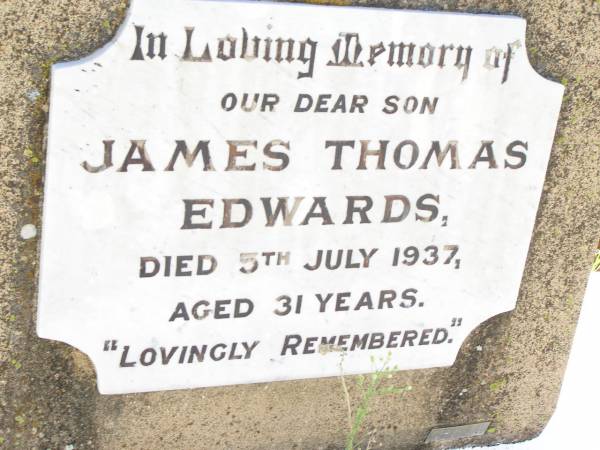 James Thomas EDWARDS,  | died 5 July 1937 aged 31 years;  | Bell cemetery, Wambo Shire  | 
