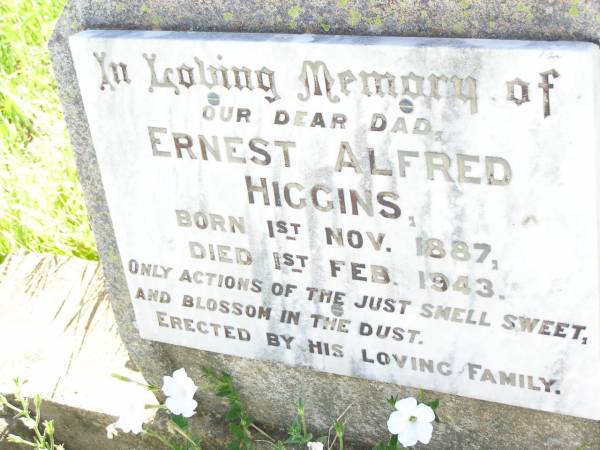 Ernest Alfred HIGGINS,  | dad,  | born 1 Nov 1887,  | died 1 Feb 1943;  | Bell cemetery, Wambo Shire  | 