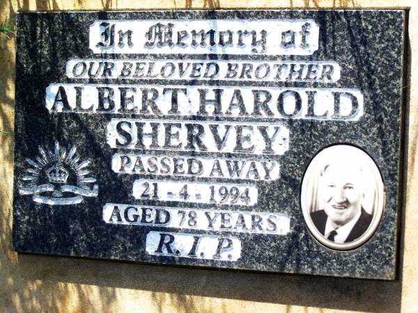 Albert Harold SHERVEY,  | brother,  | died 21-4-1994 aged 78 years;  | Bell cemetery, Wambo Shire  | 