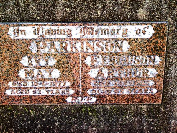 Ivy May PARKINSON,  | died 10-1-1977 aged 53 years;  | Ferguson Arthur PARKINSON,  | died 2-7-1982 aged 62 years;  | Bell cemetery, Wambo Shire  | 