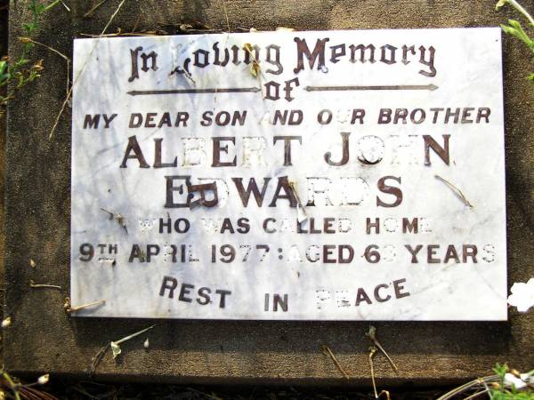 Albert John EDWARDS,  | son brother,  | died 9 April 1977 aged 63 years;  | Bell cemetery, Wambo Shire  | 