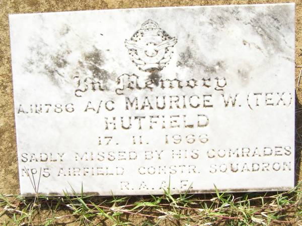 Maurice W. (Tex) HUTFIELD,  | died 17-11-1966;  | Bell cemetery, Wambo Shire  | 