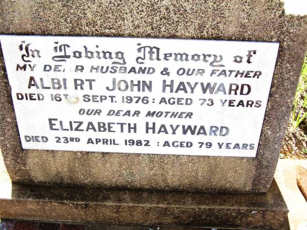 Albert John HAYWARD,  | husband father,  | died 16 Sept 1976 aged 73 years;  | Elizabeth HAYWARD,  | mother,  | died 23 April 1982 aged 79 years;  | Bell cemetery, Wambo Shire  | 