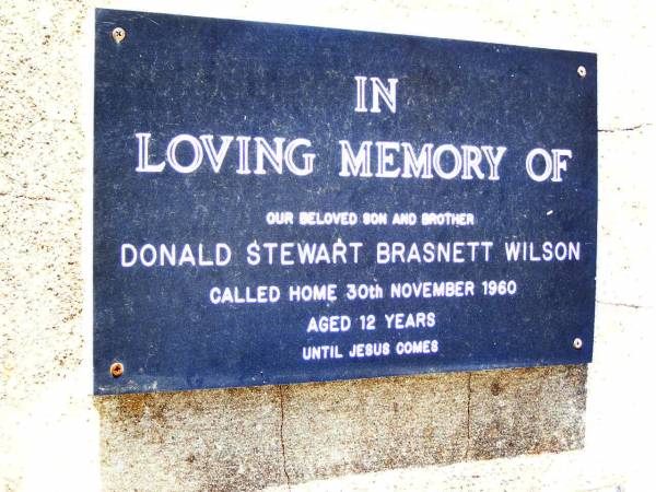 Donald Stewart Brasnett WILSON,  | son brother,  | died 30 Nov 1960 aged 12 years;  | Bell cemetery, Wambo Shire  | 