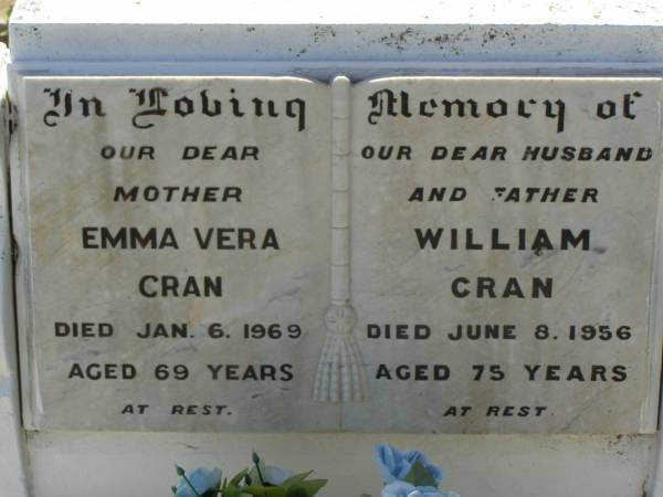 Emma Vera CRAN,  | mother,  | died 6 Jan 1969 aged 69 years;  | William CRAN,  | husband father,  | died 8 June 1956 aged 75 years;  | Bell cemetery, Wambo Shire  | 