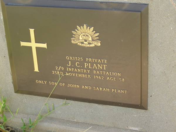 J.C. PLANT,  | died 23 Nov 1962 aged 58 years,  | only son of John & Sarah PLANT;  | Bell cemetery, Wambo Shire  | 