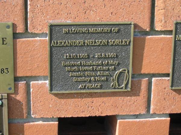 Alexander Nelson SORLEY,  | 12-10-1905 - 25-8-1991,  | husband of May,  | father of Jessie, Nita, Allan, Stanley & Noel;  | Bell cemetery, Wambo Shire  | 
