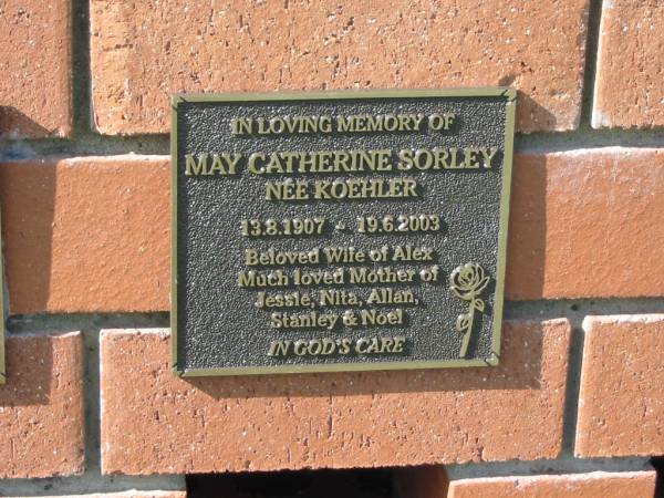 May Catherine SORLEY, nee KOEHLER,  | 13-8-1907 - 19-6-2003,  | wife of Alex,  | mother of Jessie, Nita, Allan, Stanley & Noel;  | Bell cemetery, Wambo Shire  | 