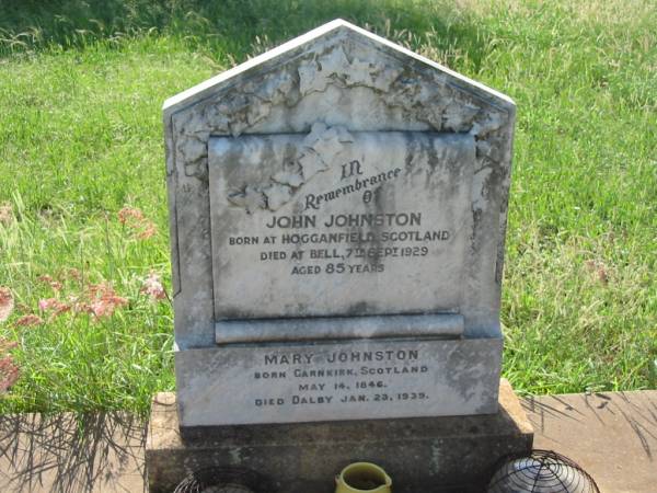 John JOHNSTON,  | born Hogganfield Scotland,  | died Bell 7 Sept 1929 aged 85 years;  | Mary JOHNSTON,  | born Garnkirk Scotland 14 May 1846,  | died Dalby 23 Jan 1939;  | Bell cemetery, Wambo Shire  | 