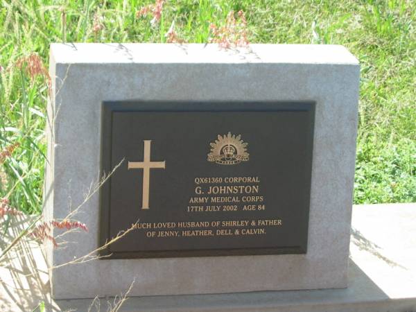 G.JOHNSTON,  | died 17 July 2002 aged 84 years,  | husband of Shirley,  | father of Jenny, Heather, Dell & Calvin;  | Bell cemetery, Wambo Shire  | 