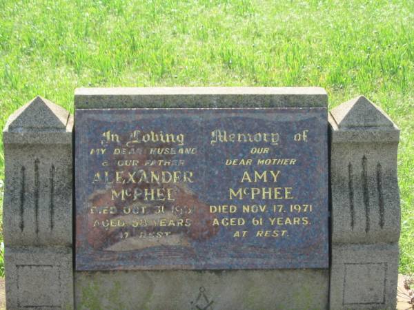 Alexander MCPHEE,  | husband father,  | died 31 Oct 1961 aged 58 years;  | Amy MCPHEE,  | mother,  | died 17 Nov 1971 aged 61 years;  | Bell cemetery, Wambo Shire  | 