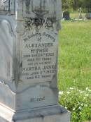 
Alexander MCPHEE,
died 24 Aug 1922 aged 66 years;
Martha Jane,
wife,
died 11 June 1922 aged 62 years;
Bell cemetery, Wambo Shire
