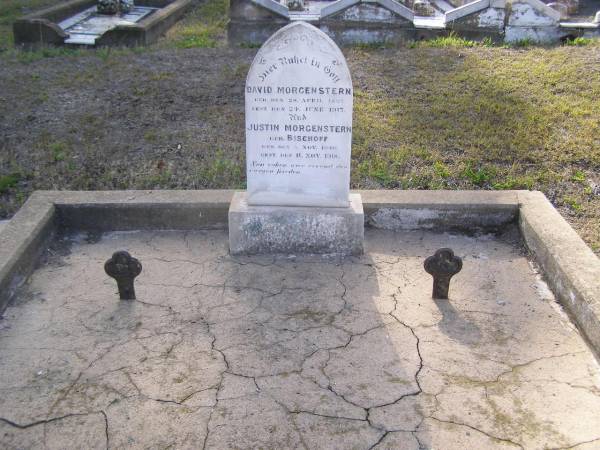 David MORGENSTERN,  | born 28 April 1837,  | died 24 June 1917;  | Justin MORGENSTERN (nee BISCHOFF),  | born 5 Nov 1840,  | died 11 Nov 1918;  | Bergen Djuan cemetery, Crows Nest Shire  | 