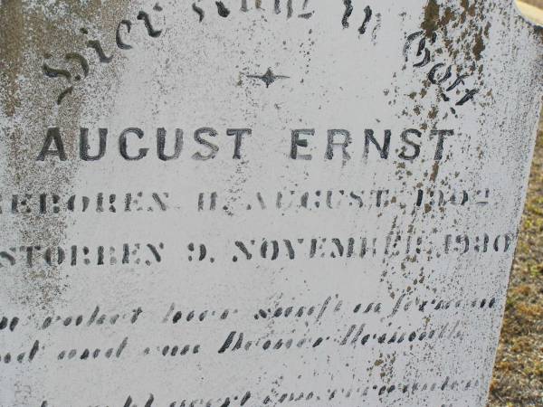 August ERNST,  | born 11 Aug 1902 died 9 Nov 1930;  | Bergen Djuan cemetery, Crows Nest Shire  | 