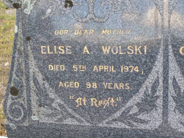 Elise A. WOLSKI, mother,  | died 5 April 1974 aged 98 years;  | Gottfried WOLSKI, husband father,  | died 1 Sept 1946 aged 68 years;  | Bergen Djuan cemetery, Crows Nest Shire  | 