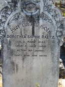 
Dorothea Sophie RAETZ
geb 2 Marz 1840
ges 5 Julie 1922
alter 82 jahre

Bethania (Lutheran) Bethania, Gold Coast
