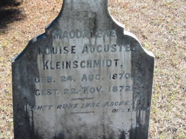 Magdalene Louise Auguste KLEINSCHMIDT  | geb 24 Aug 1870  | gest 22 Nov 1872  |   | Bethania (Lutheran) Bethania, Gold Coast  | 