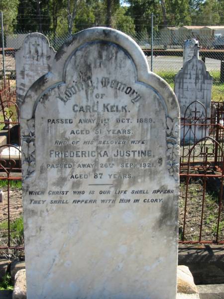 Carl KELK  | 1 Oct 1889  | aged 51  |   | Wife  | Friedericka Justine (KELK)  | 26 Sep 1921  | aged 87  |   | Bethania (Lutheran) Bethania, Gold Coast  | 