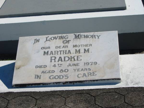 Martha M M RADKE  | 4 Jun 1979  | aged 80  |   | Bethania (Lutheran) Bethania, Gold Coast  | 