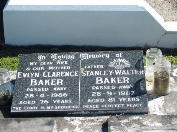 (wife) Evlyn Clarence BAKER  | 28 Apr 1986  | aged 76  |   | (husband) Stanley Walter BAKER  | 28 Sep 1987  | aged 81  |   | Bethania (Lutheran) Bethania, Gold Coast  | 