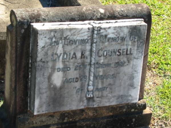 Lydia H COUNSELL  | 25 Sep 1921  | aged 28  |   | Bethania (Lutheran) Bethania, Gold Coast  | 