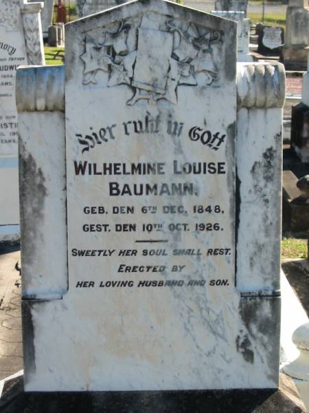 Wilhelmine Louise BAUMANN  | geb   6 Dec 1848  | gest 10 Oct 1926  |   | Bethania (Lutheran) Bethania, Gold Coast  | 
