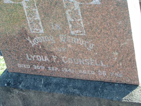 Lydia F COUNSELL  | 30 Sep 1941  | aged 26  |   | Bethania (Lutheran) Bethania, Gold Coast  | 