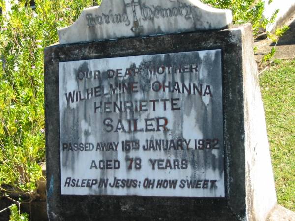 Wilhelmine Johanna Henriette SAILER  | 15 Jan 1932  | aged 78  |   | Bethania (Lutheran) Bethania, Gold Coast  | 