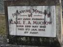 
Carl F A MUCHOW
B: 23 May 1882
D:  5 Jan 1952

Bethel Lutheran Cemetery, Logan Reserve (Logan City)


