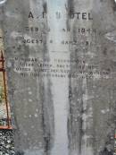 
A F BEUTEL
geb 6 Jan 1844
gest 4 Mar 1913

Bethel Lutheran Cemetery, Logan Reserve (Logan City)

