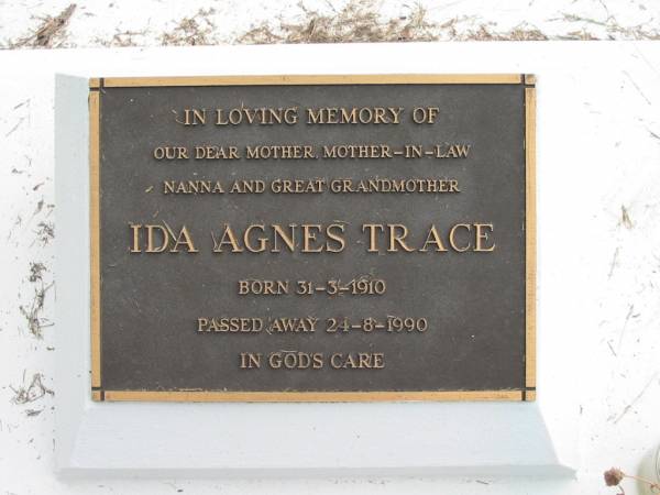 Ida Agnes TRACE  | B: 31 Mar 1910  | D: 24 Aug 1990  |   | Bethel Lutheran Cemetery, Logan Reserve (Logan City)  |   | 