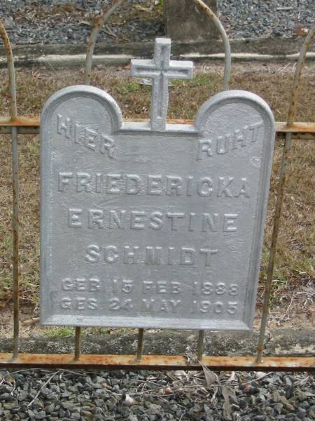Friedericka Ernestine SCHMIDT  | geb 15 Feb 1888  | ges 24 May 1905  |   | Bethel Lutheran Cemetery, Logan Reserve (Logan City)  |   | 