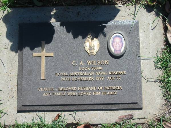 Claude A. WILSON,  | died 20 Nov 1999 aged 77,  | husband of Patricia;  | Blackbutt-Benarkin cemetery, South Burnett Region  | 
