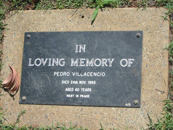 Pedro VILLACENCIO,  | died 24 Nov 1995 aged 60 years;  | Blackbutt-Benarkin cemetery, South Burnett Region  | 