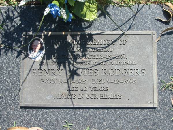 Henry James RODGERS,  | husband father father-in-law grandfather great-grandfather,  | born 14-11-1915,  | died 9-12-1995 aged 80 years;  | Blackbutt-Benarkin cemetery, South Burnett Region  | 