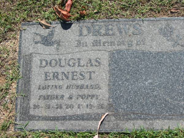 Douglas Ernest DREWS,  | husband father poppy,  | 20-11-35 - 1-12-96;  | Blackbutt-Benarkin cemetery, South Burnett Region  | 