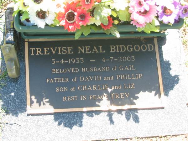 Trevise Neal BIDGOOD,  | 5-4-1933 - 4-7-2003,  | husband of Gail,  | father of David & Phillip,  | son of Charlie & Liz;  | Blackbutt-Benarkin cemetery, South Burnett Region  | 